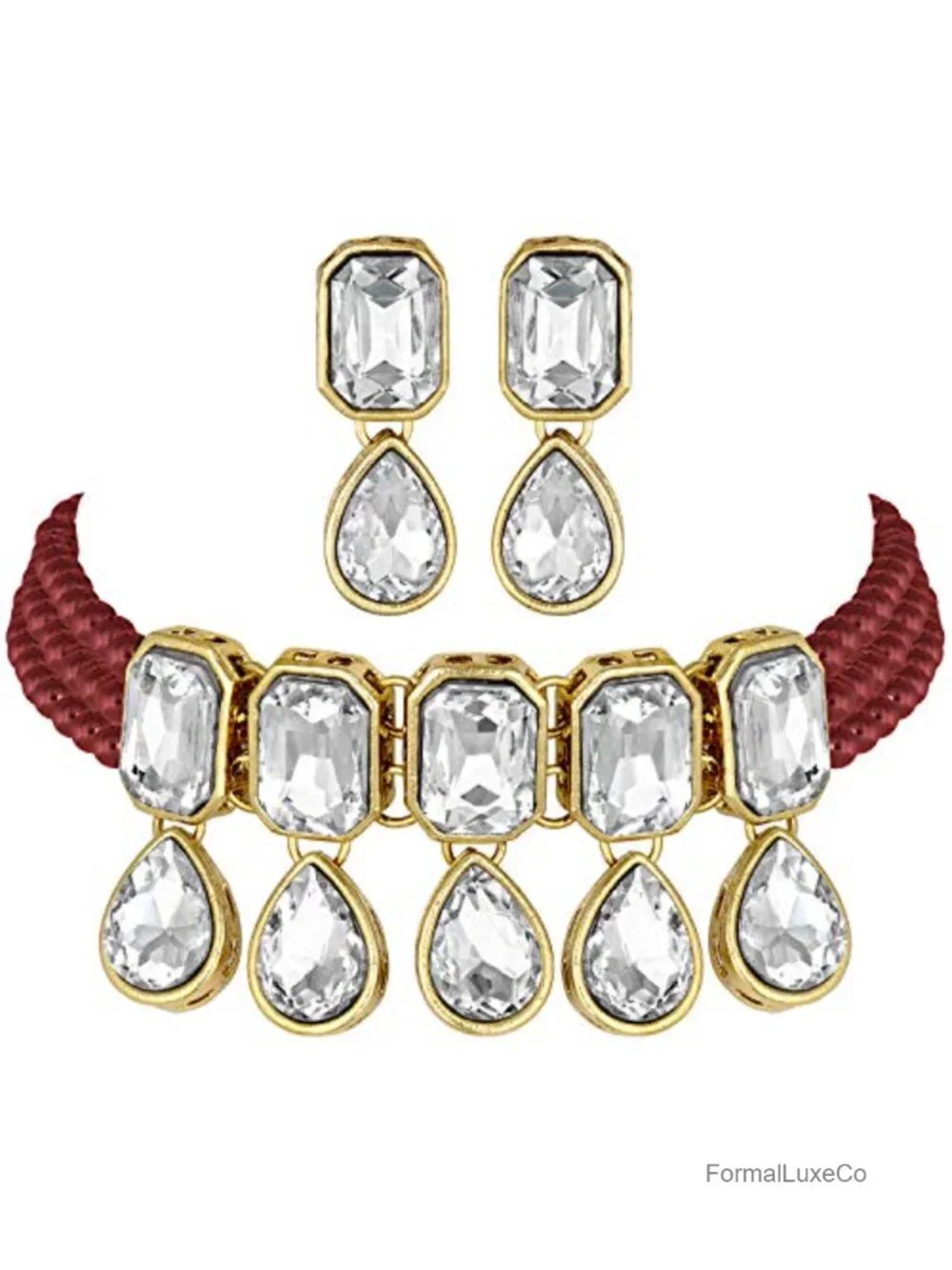 Crystal Pearl Ethnic Bridal Choker Necklace & Earrings Jewelry Set Traditional
